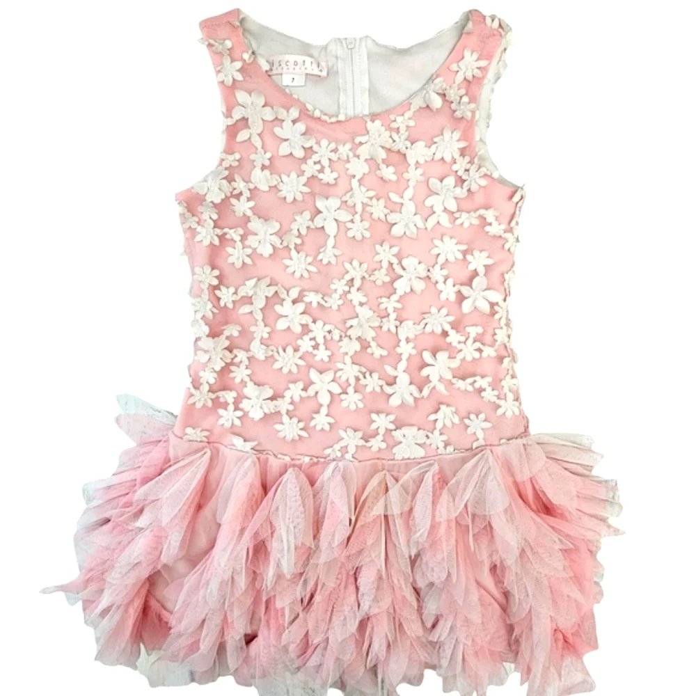 Biscotti Collection Nwot Girls Sleeveless Pink/White Floral Ruffled Tulle Dress